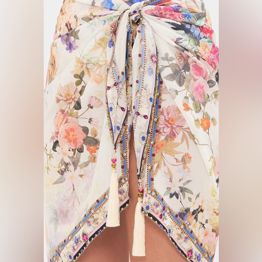 Camilla “Friends With Frescos” ivory cotton silk floral short sarong coverup - Picture 3 of 8